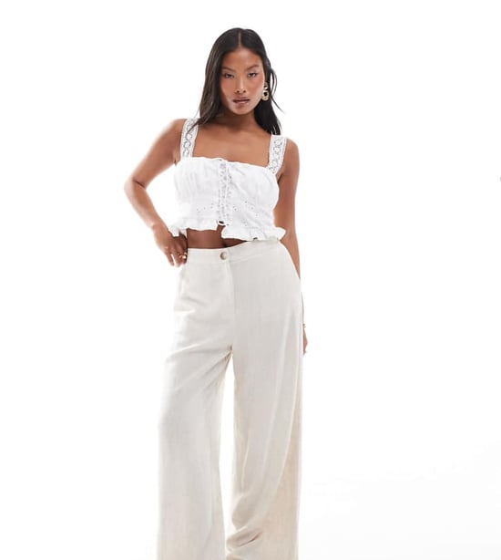 ASOS DESIGN Petite tailored wide leg dad trousers with linen in stone - Image 1