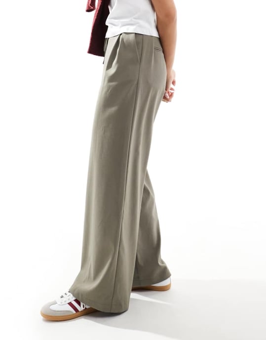 ASOS DESIGN tailored tie waist wide leg trousers with pleat detail in brushed khaki - Image 1