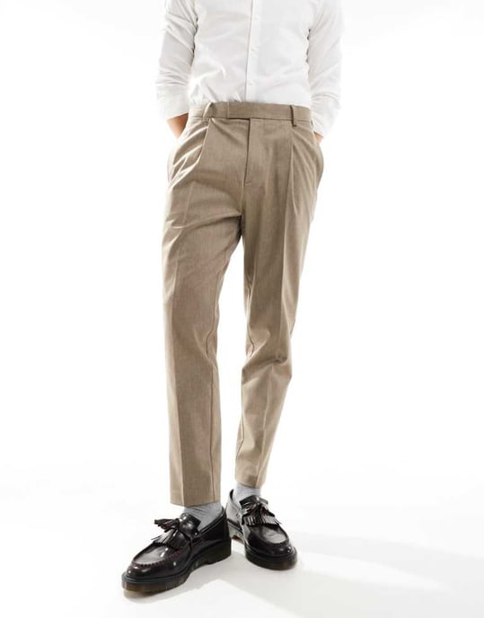 ASOS DESIGN smart tapered fit premium trousers in stone melange - Image 1