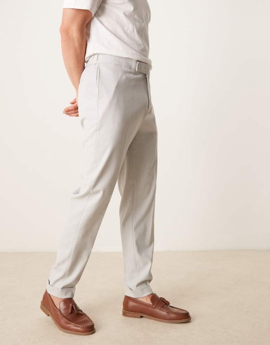 ASOS DESIGN pull on smart tapered fit trousers with turnups in light grey microtexture - Image 2