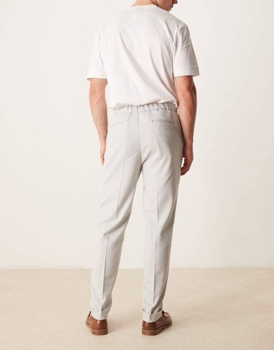 ASOS DESIGN pull on smart tapered fit trousers with turnups in light grey microtexture - Image 3