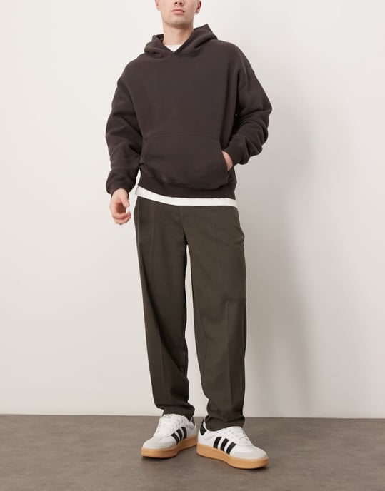 ASOS DESIGN smart oversized tapered trousers in brown check with elasticated waist - Image 2