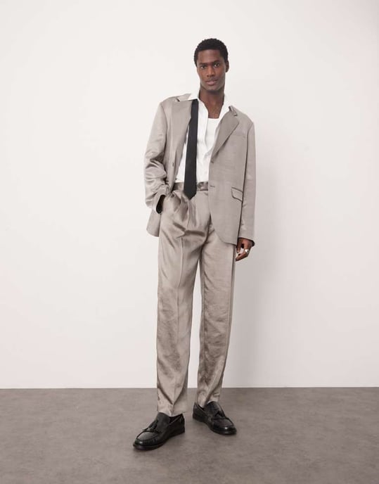 ASOS DESIGN oversized tapered suit trousers in grey matte satin - Image 3