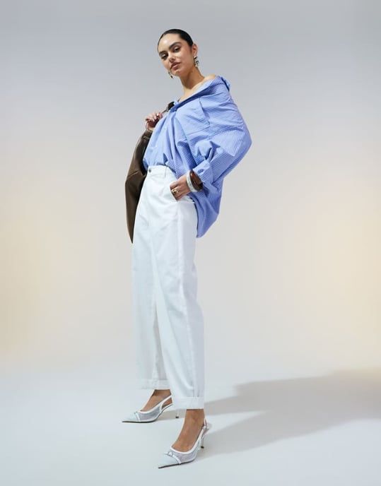 ASOS DESIGN tapered trousers with turn up detail in off white - IVORY - Image 1