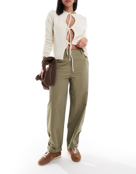ASOS DESIGN tapered trousers with turn up detail in olive - KHAKI - Image 1