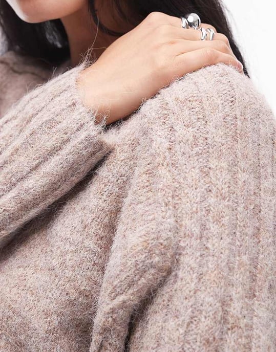Topshop knitted rib detail crew relaxed jumper in mushroom - Image 2