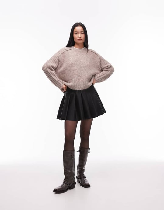 Topshop knitted rib detail crew relaxed jumper in mushroom - Image 3
