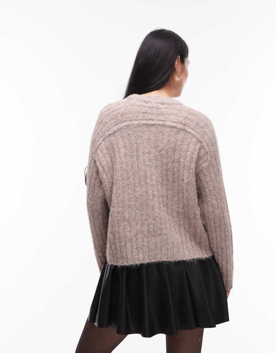Topshop knitted rib detail crew relaxed jumper in mushroom - Image 4