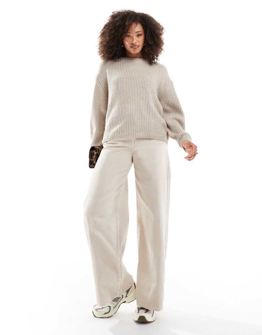 ASOS DESIGN chunky crew neck rib jumper in oatmeal - Image 3