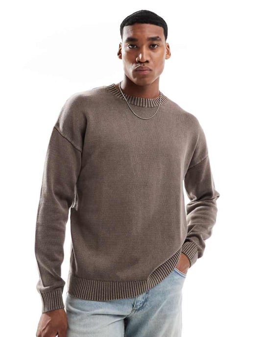 ASOS DESIGN washed relaxed knitted crew neck jumper in brown - Image 1