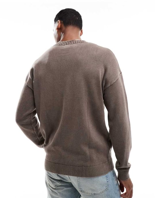 ASOS DESIGN washed relaxed knitted crew neck jumper in brown - Image 2