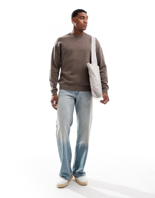 ASOS DESIGN washed relaxed knitted crew neck jumper in brown - Image 3