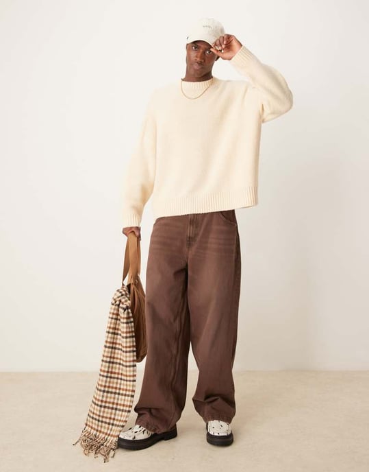ASOS DESIGN super oversized boxy fit brushed knitted crew neck jumper in oatmeal - Image 4