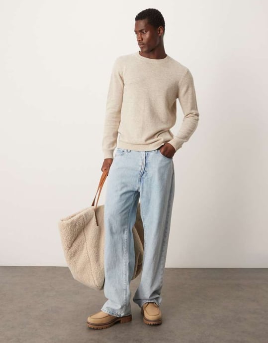 ASOS DESIGN lambswool crew neck knitted jumper in oatmeal - Image 3