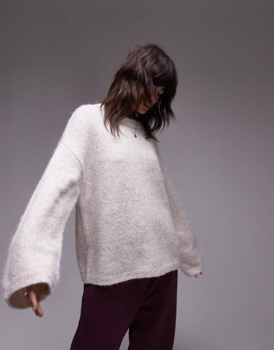 Topshop knitted boxy fluffy crew oversized jumper in oat - Image 1