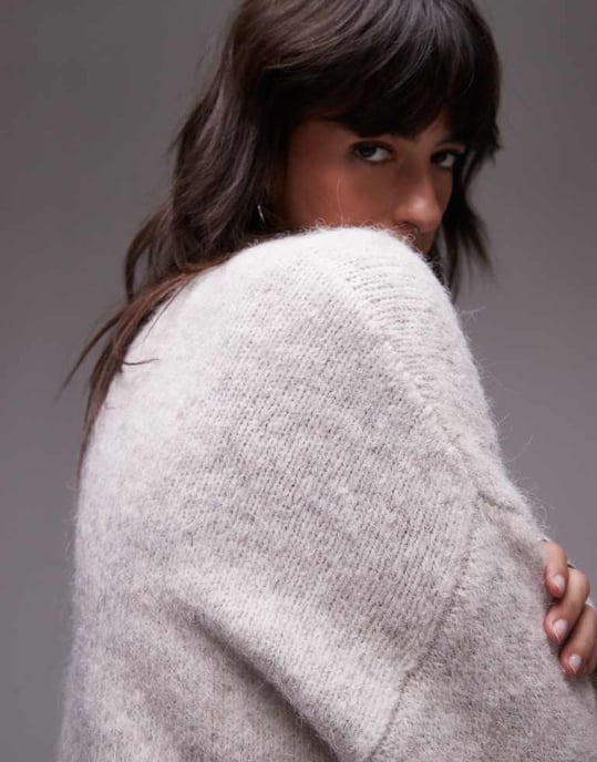 Topshop knitted boxy fluffy crew oversized jumper in oat - Image 4