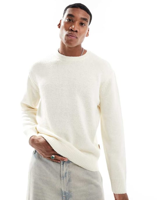 ONLY & SONS crew neck textured drop shoulder jumper in cream - Image 1