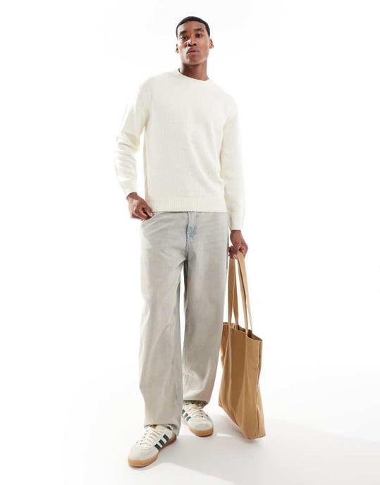ONLY & SONS crew neck textured drop shoulder jumper in cream - Image 4