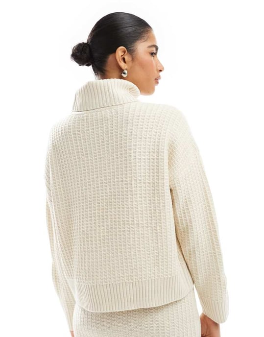 Vero Moda waffle texture rollneck jumper co-ord in cream - Image 3
