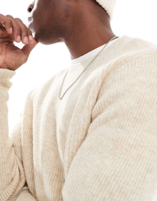 Jack & Jones fluffy rib high neck jumper in beige - Image 3