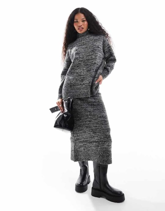 Vero Moda Petite oversized rollneck jumper co-ord in mono melange - Image 3