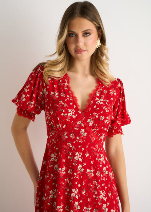 Rode viscose midi-jurk met kanten rand - Image 2