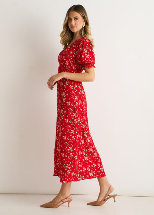 Rode viscose midi-jurk met kanten rand - Image 3
