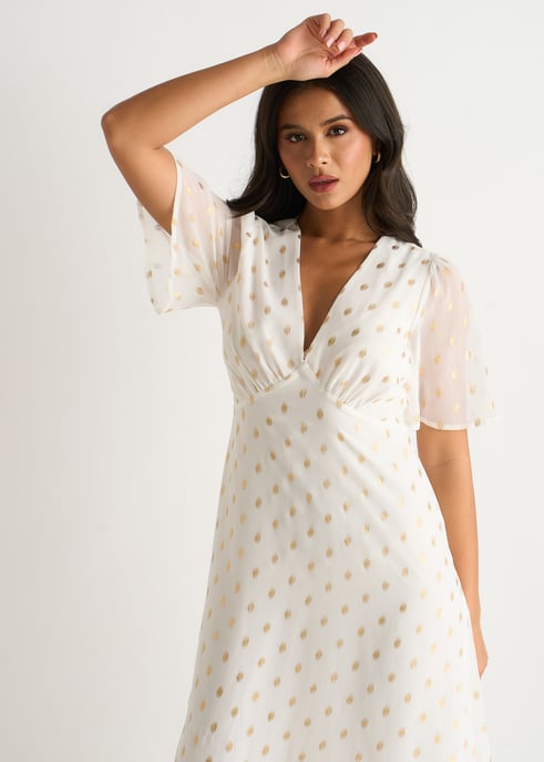 Witte midi-skaterjurk met V-hals en folieprint - Image 2