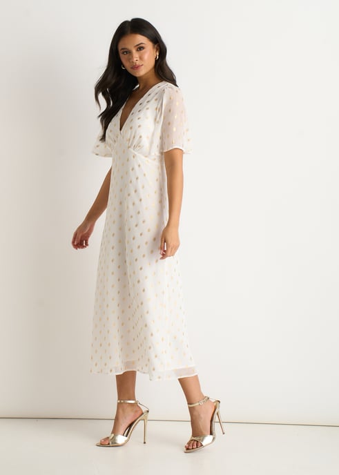 Witte midi-skaterjurk met V-hals en folieprint - Image 3