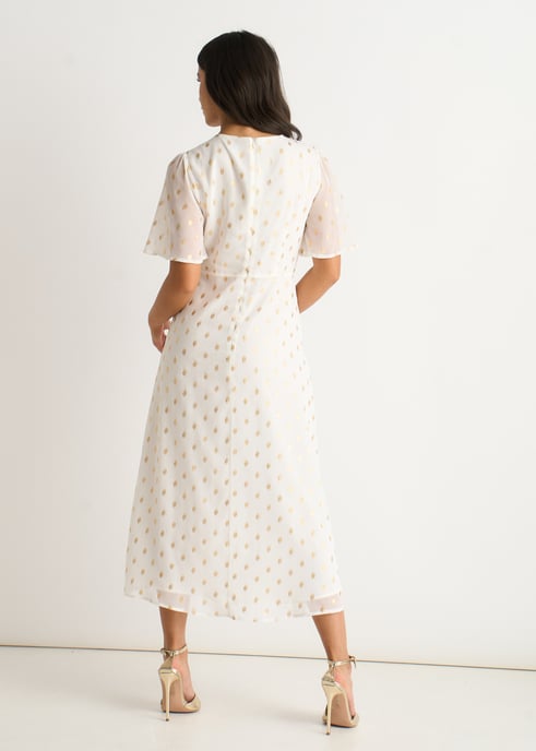 Witte midi-skaterjurk met V-hals en folieprint - Image 4