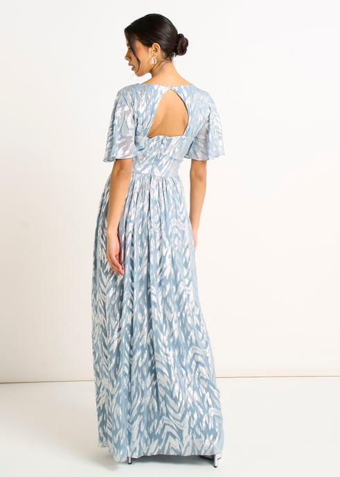 Blauwe metallic print maxi-jurk met korte mouwen - Image 4