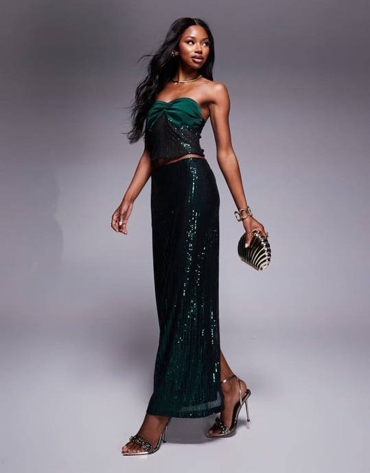 Missyempire contrast satin bandeau corset top co-ord in emerald sequin - Image 2
