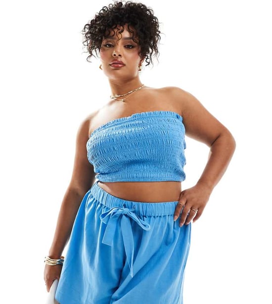 ASOS DESIGN Curve Isabel mix & match linen look shirred bandeau beach top in blue - Image 1