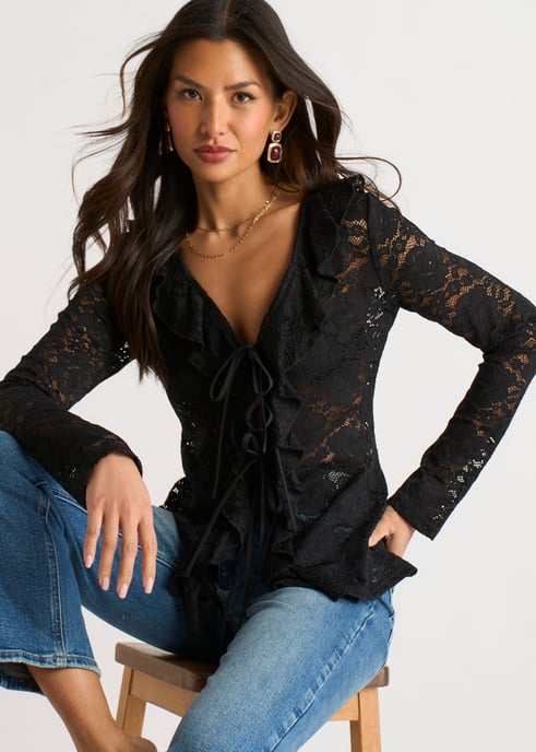 Black Jersey Lace Ruffle Tie Front Blouse - Image 2
