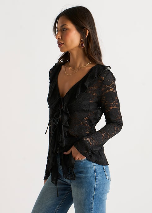 Black Jersey Lace Ruffle Tie Front Blouse - Image 3
