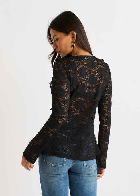 Black Jersey Lace Ruffle Tie Front Blouse - Image 4