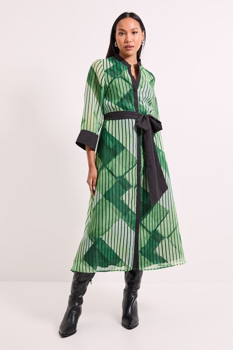 Belted Contrast Detail Collarless Shirt Dress - Image 1