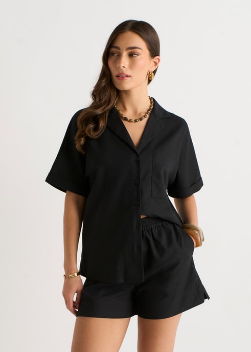 Svart linne-mix oversized skjorta med knappar - Image 2