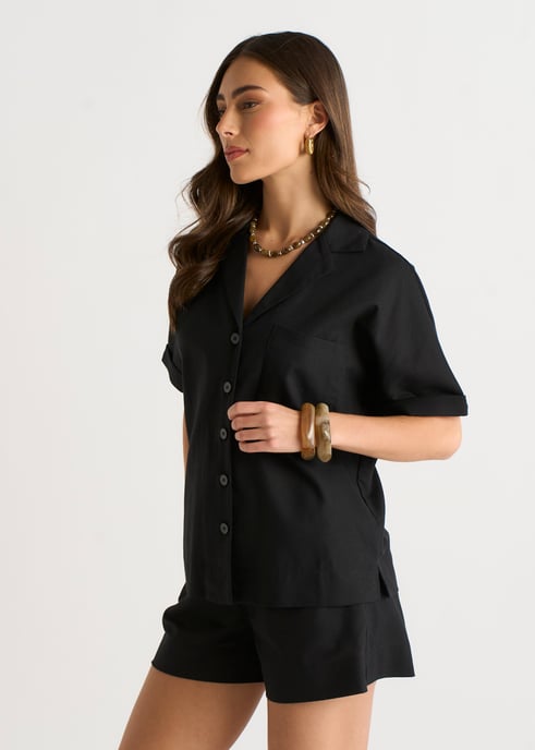 Svart linne-mix oversized skjorta med knappar - Image 3
