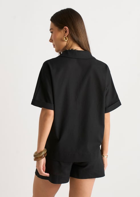 Svart linne-mix oversized skjorta med knappar - Image 4
