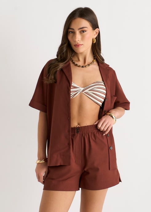 Chocolate Linen Mix Oversized Button Through Shirt - Image 2