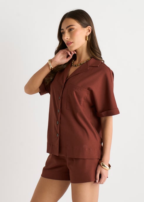 Chocolate Linen Mix Oversized Button Through Shirt - Image 3