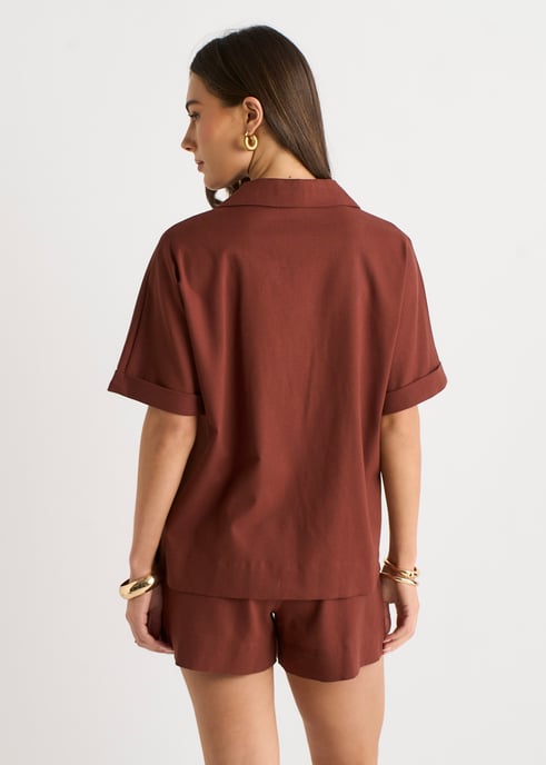 Chocolate Linen Mix Oversized Button Through Shirt - Image 4