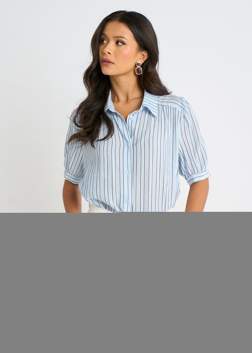 Blauw gestreept soft touch overhemd met pofmouwen - Image 3
