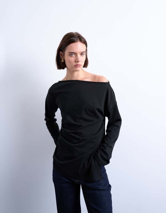 Topshop asymmetrical jersey slash neck long sleeve top in black - Image 1