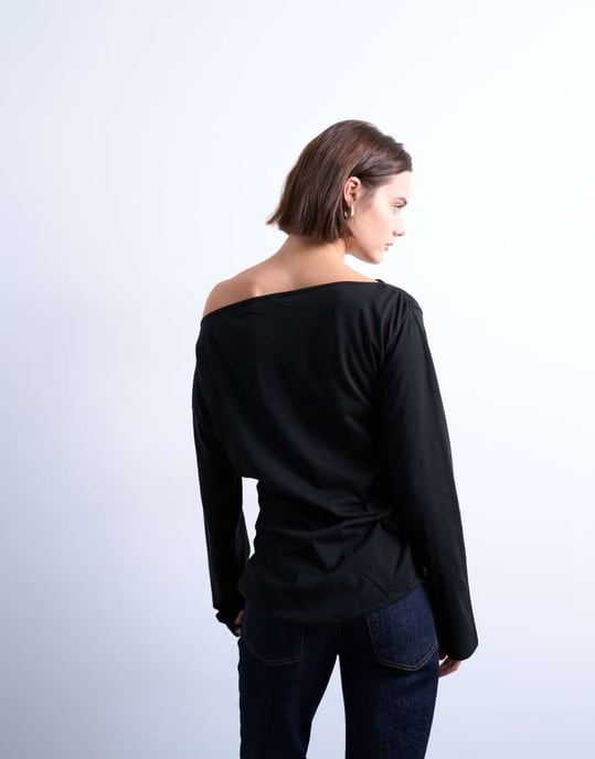 Topshop asymmetrical jersey slash neck long sleeve top in black - Image 2