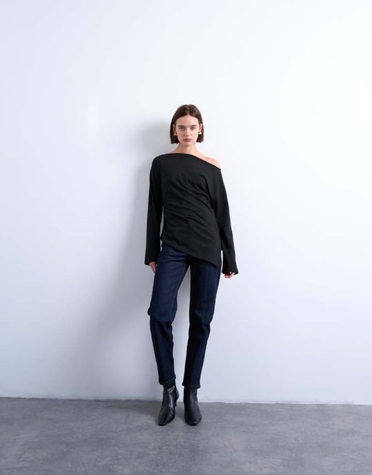 Topshop asymmetrical jersey slash neck long sleeve top in black - Image 3