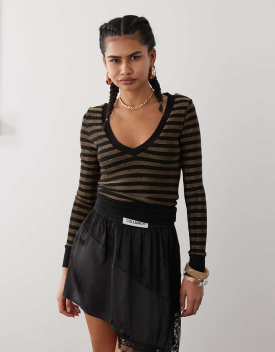 Motel Annora long sleeve knit top in gold stripe - Image 1