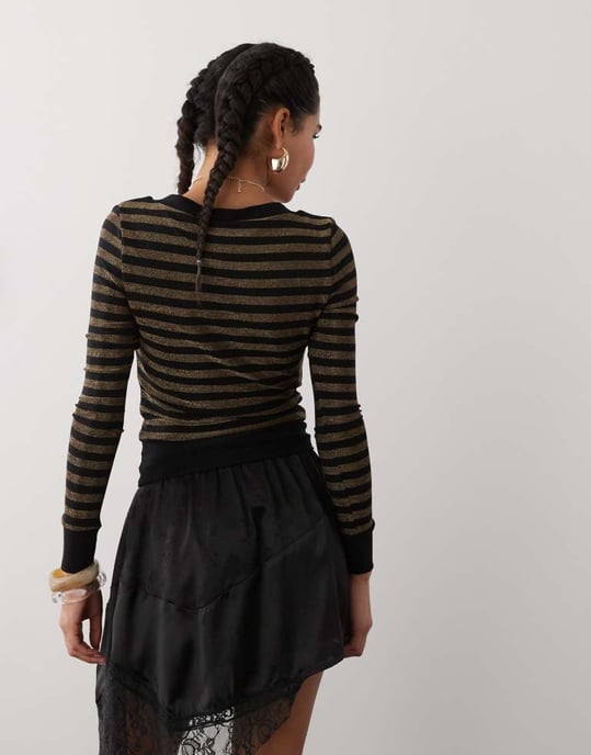Motel Annora long sleeve knit top in gold stripe - Image 2