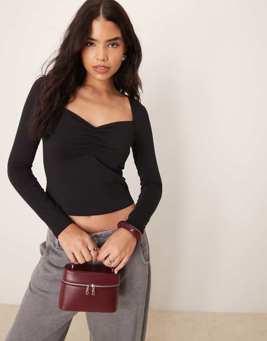 ASOS DESIGN sweetheart long sleeve top with ruching detail in black - Image 1